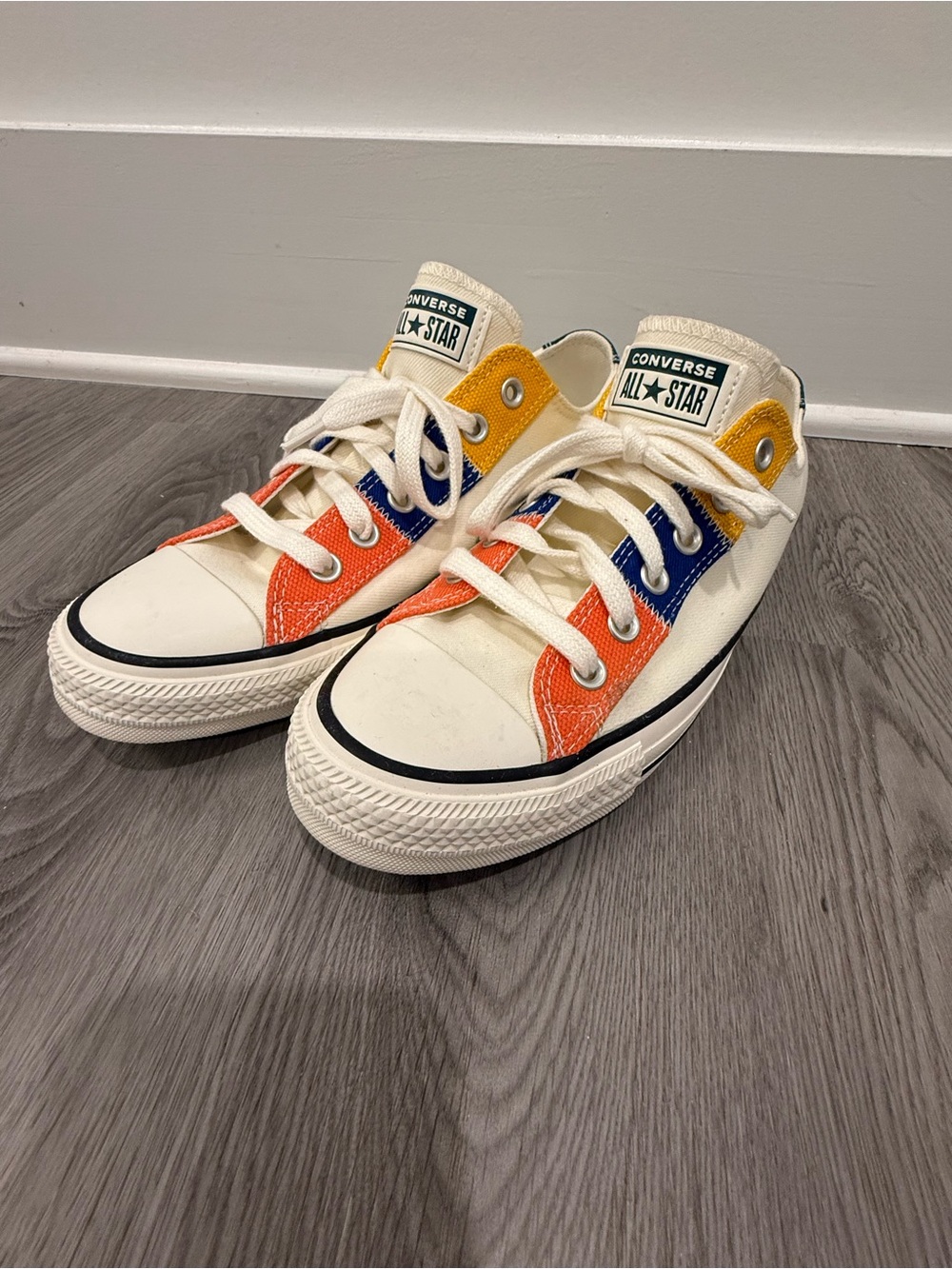 Converse Low Top Sneakers in Cream with Orange, Blue & Yellow Panels